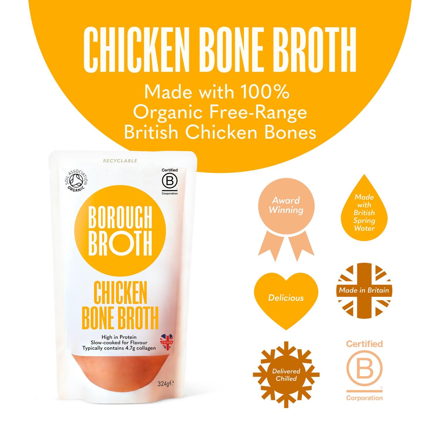 Borough Broth Free Range Organic Chicken Bone Broth 324g - British product