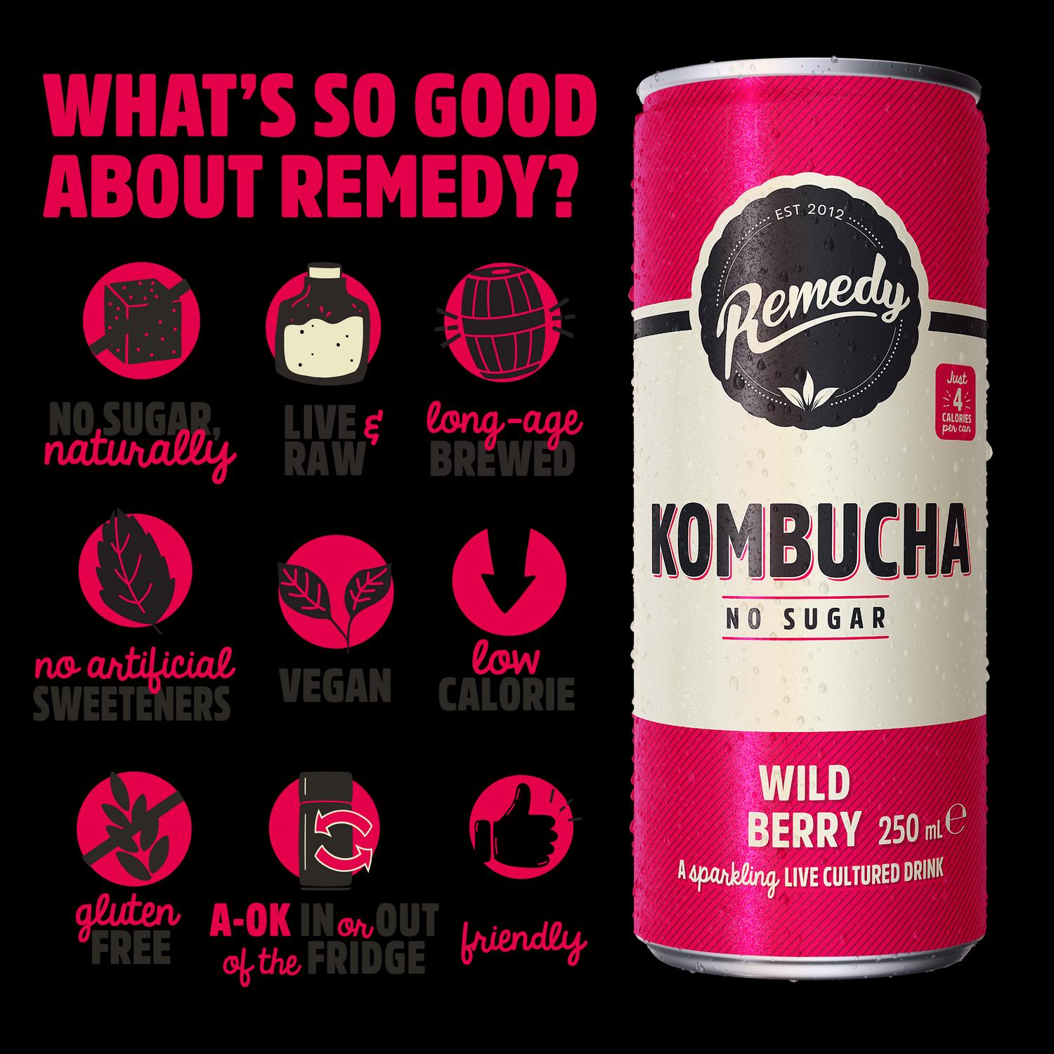 Remedy wild berry kombucha 4x330ml, imported from the UK