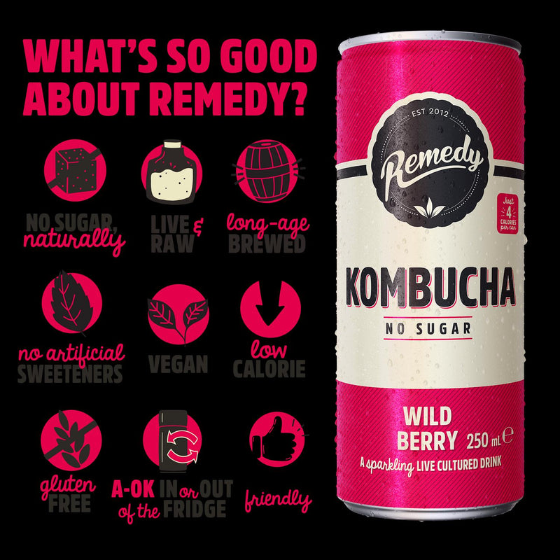 Remedy wild berry kombucha 4x330ml, imported from the UK