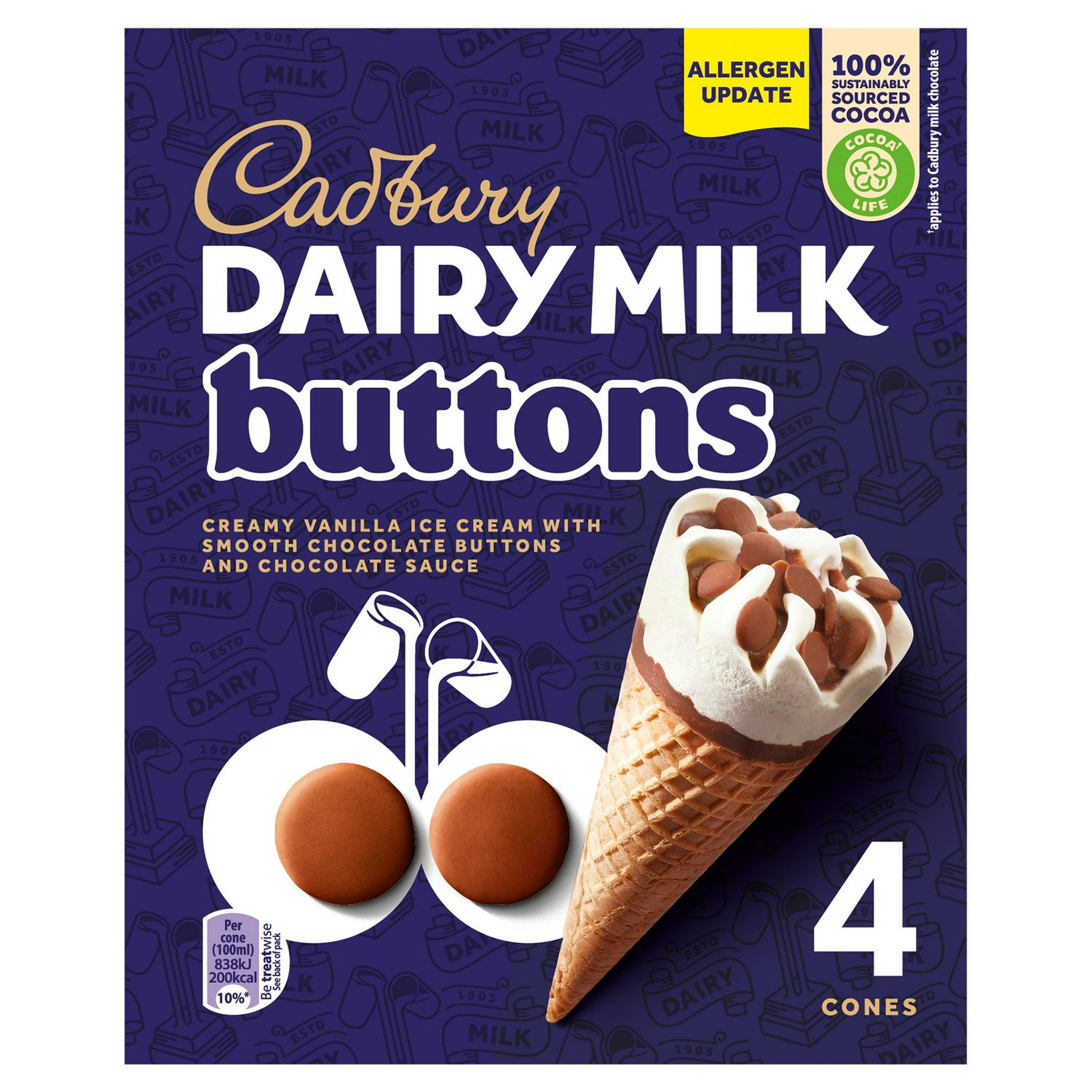 Cadbury Dairy Milk Buttons ice cream cone 4 pack 100ml - British product