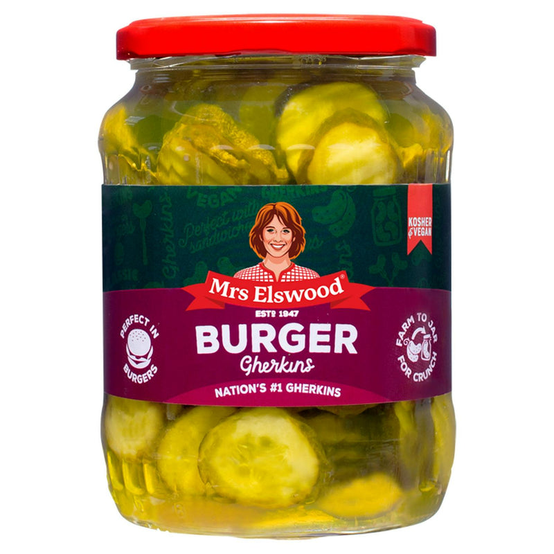 Mrs Elswood Burger Gherkins 670g jar, imported from the UK
