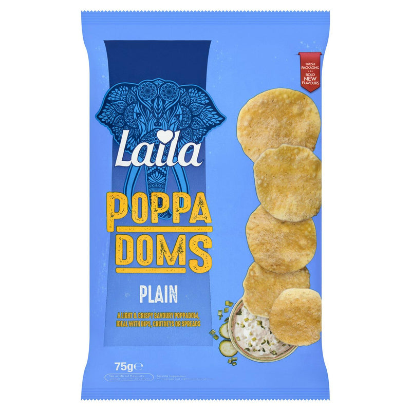 Laila plain mini poppadoms snack pack 75g, UK version