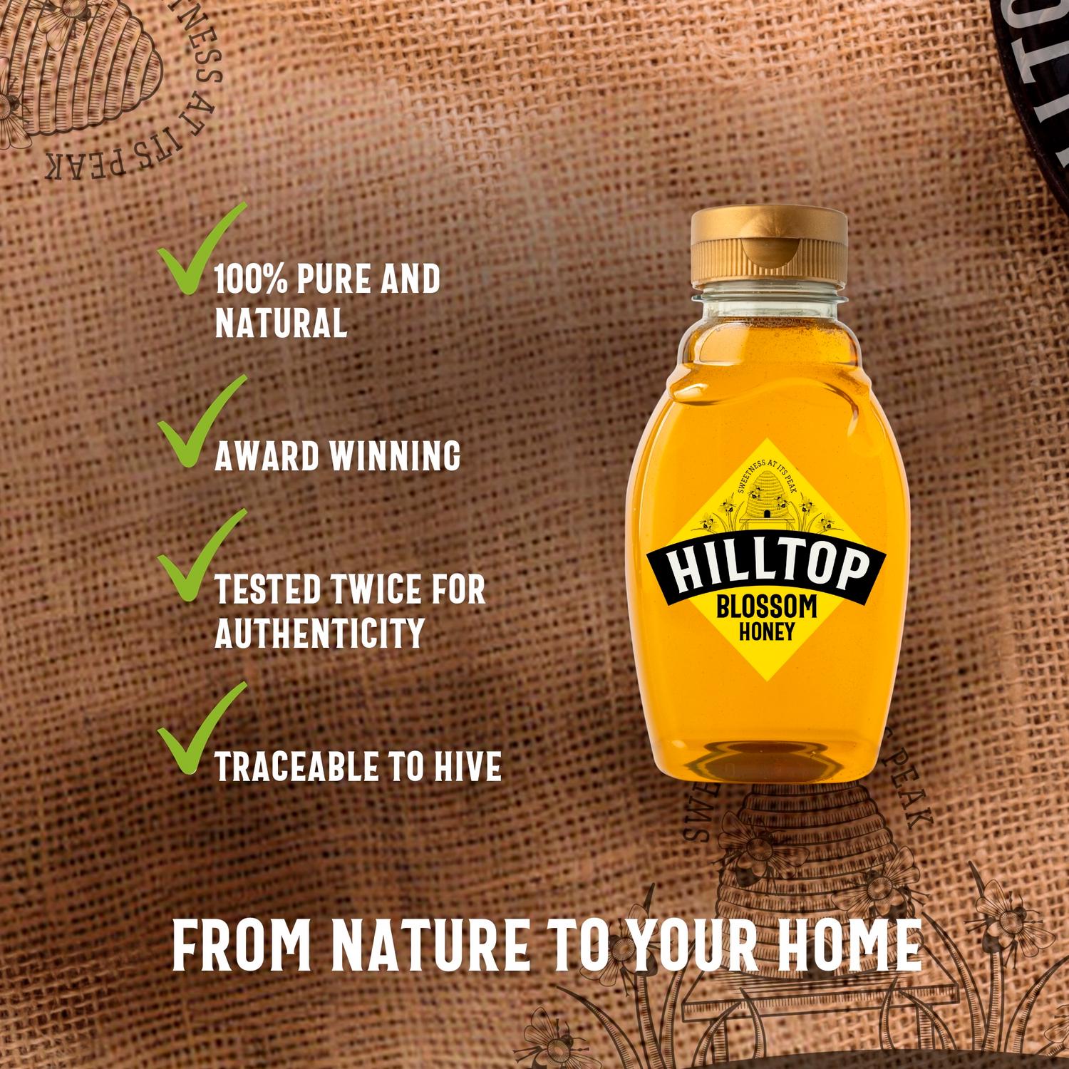 Hilltop Blossom Honey 340g Jar Packaging, UK version