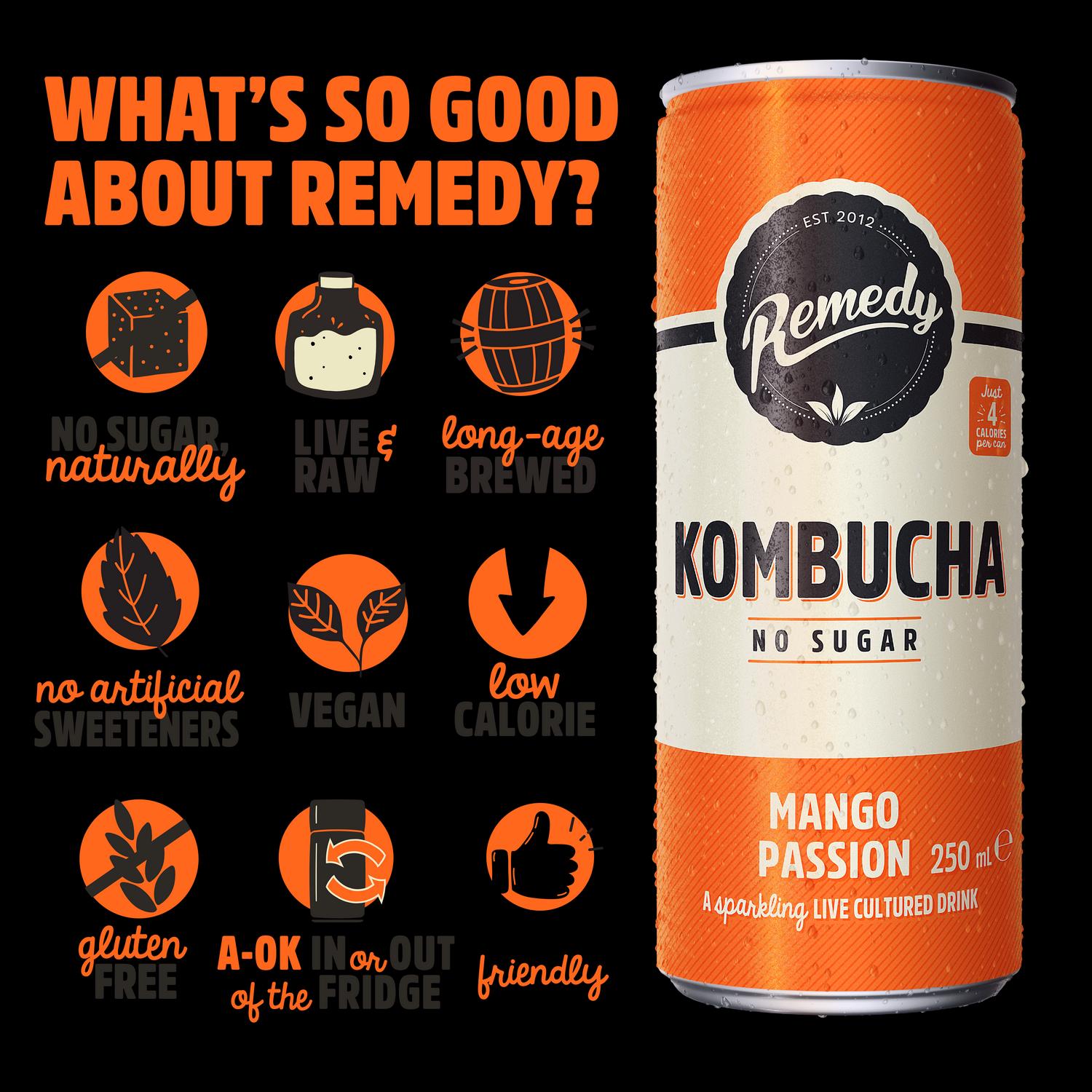 Remedy kombucha mango passion 4x300ml, imported from the UK