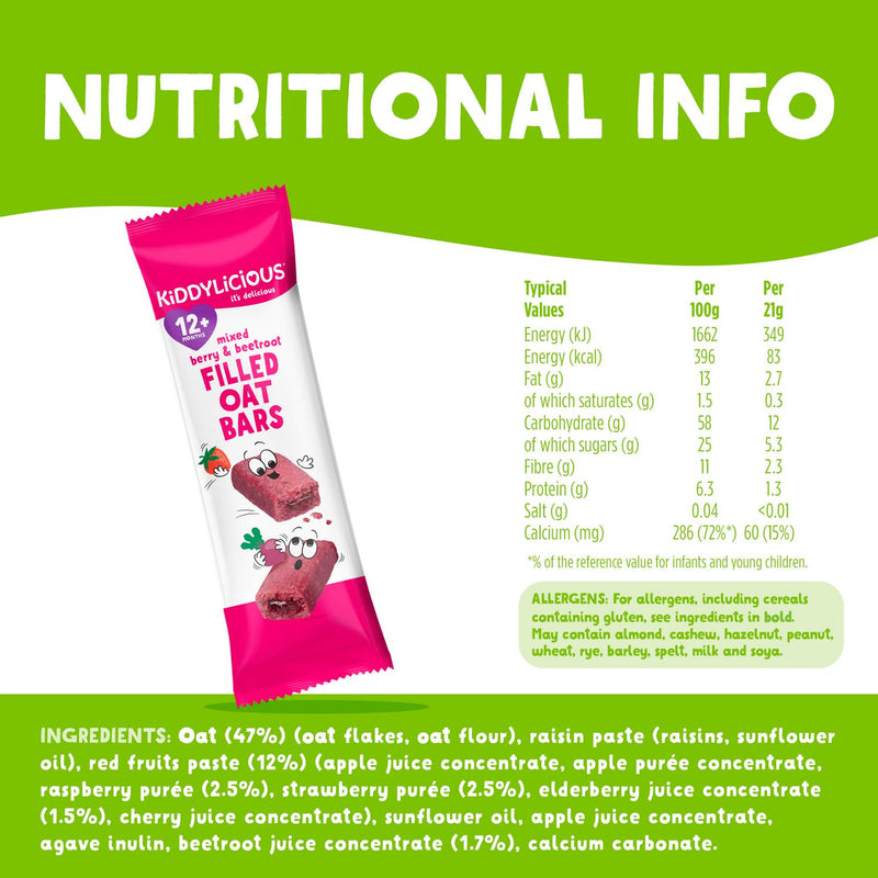 Kiddylicious Mixed Berry & Beetroot Oat Bars 5 x 21g, UK version