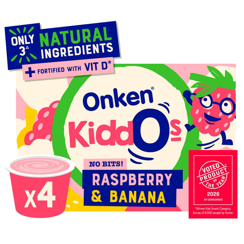 Onken Raspberry Banana Kids Yogurt 4x90g, imported from the UK