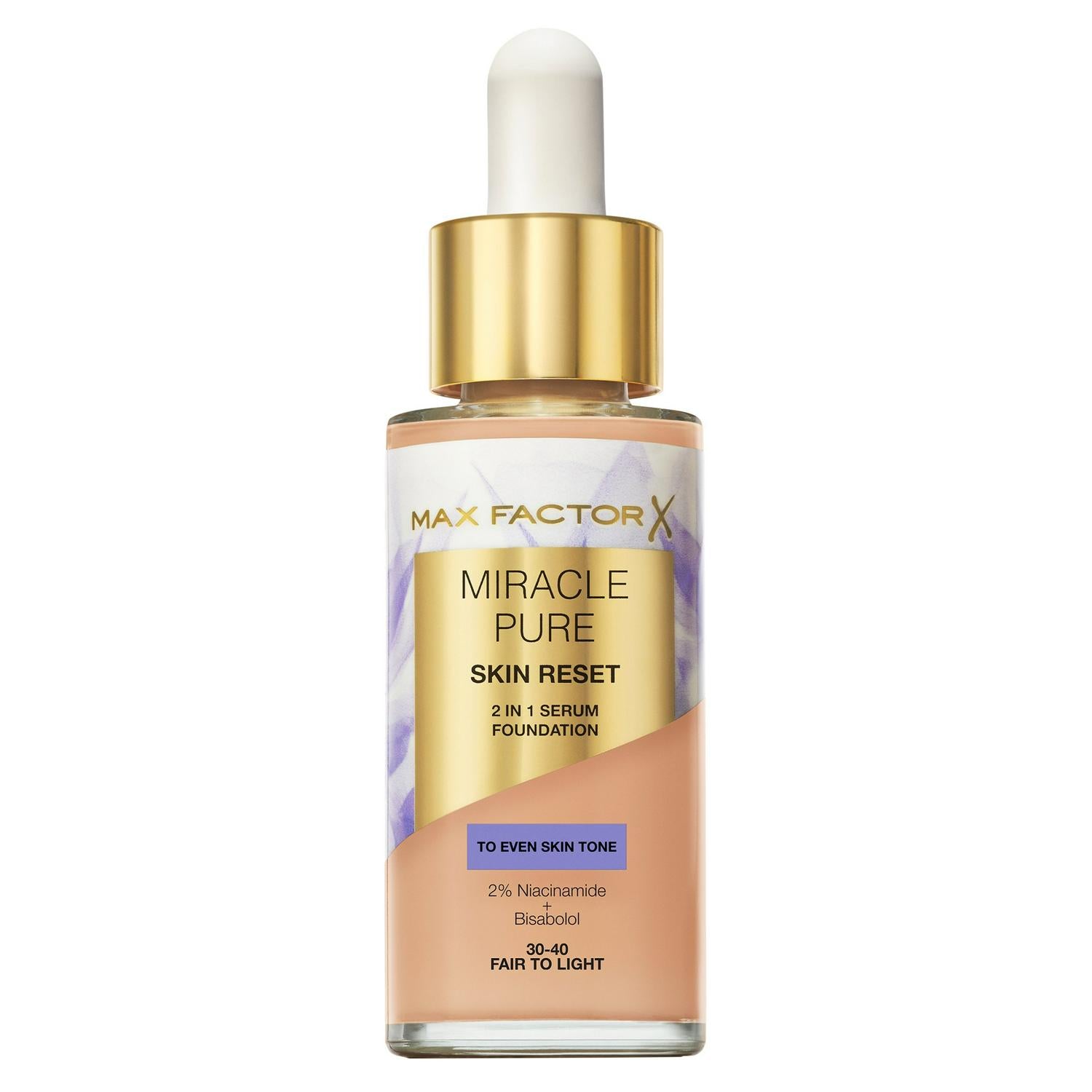 Max Factor Miracle Pure 2in1 Skin Reset Serum Foundation 30-40 Fair To Light 30ml