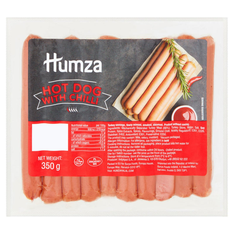 Humza turkey hot dog with chilli 350g, imported from the UK