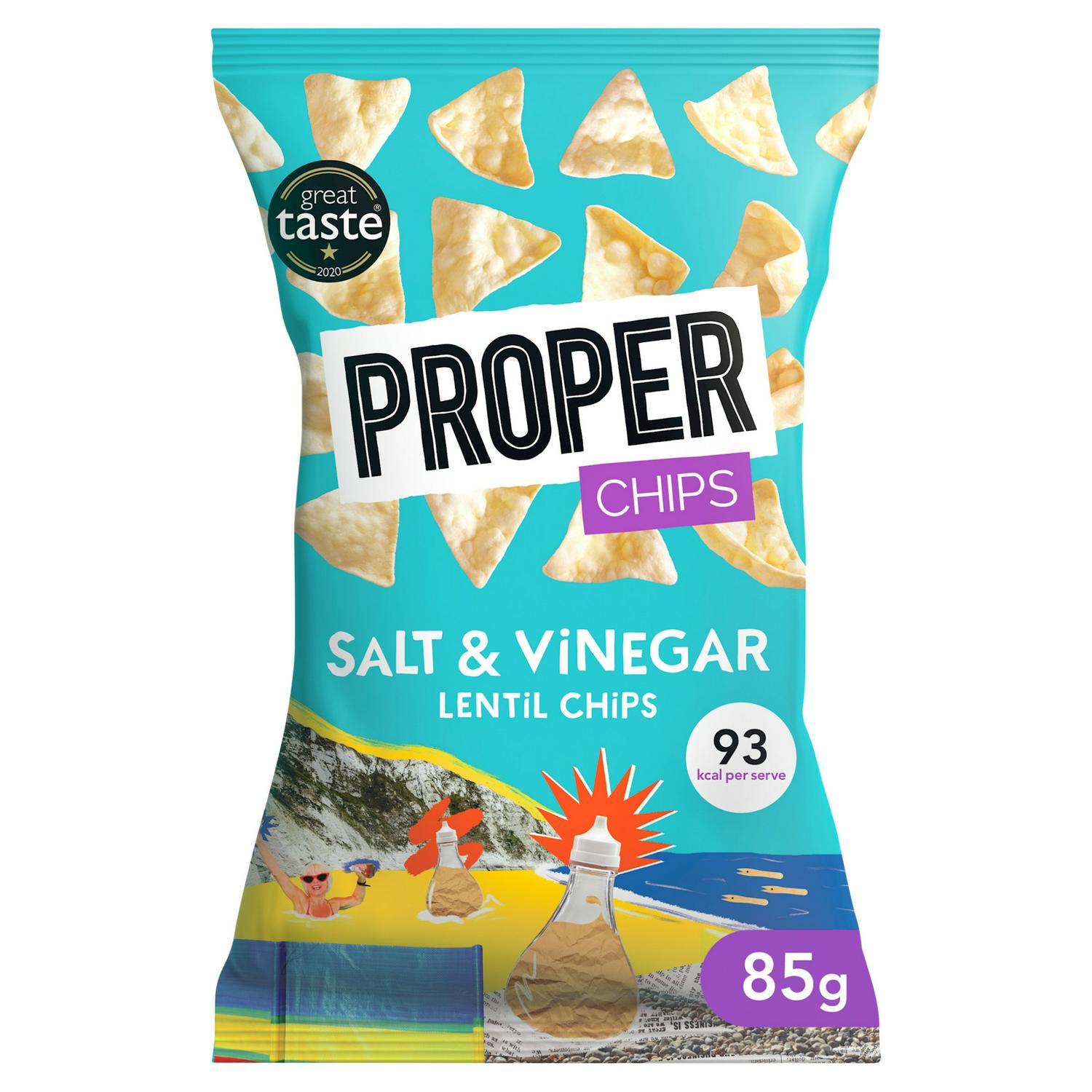 Properchips salt and vinegar lentil chips 85g, imported from the UK