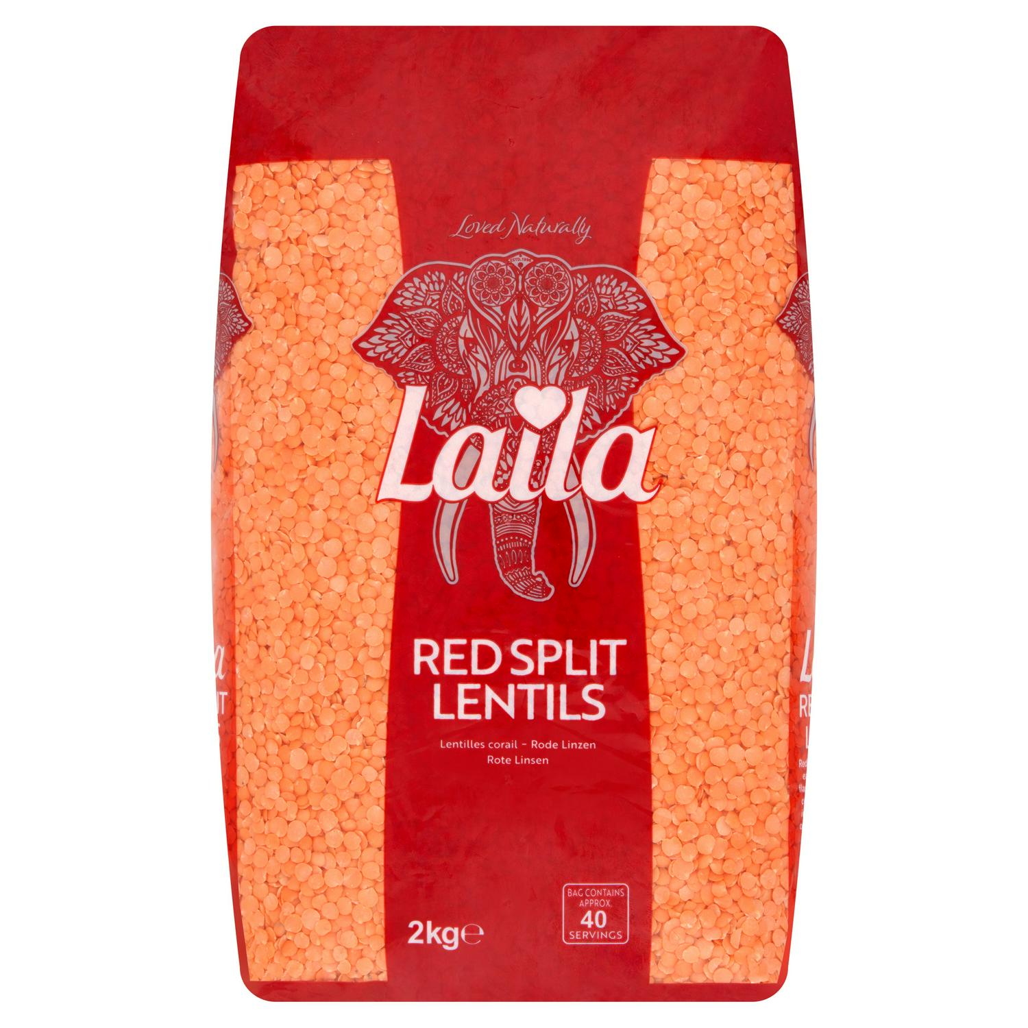 Laila red split lentils 2kg bag, UK version