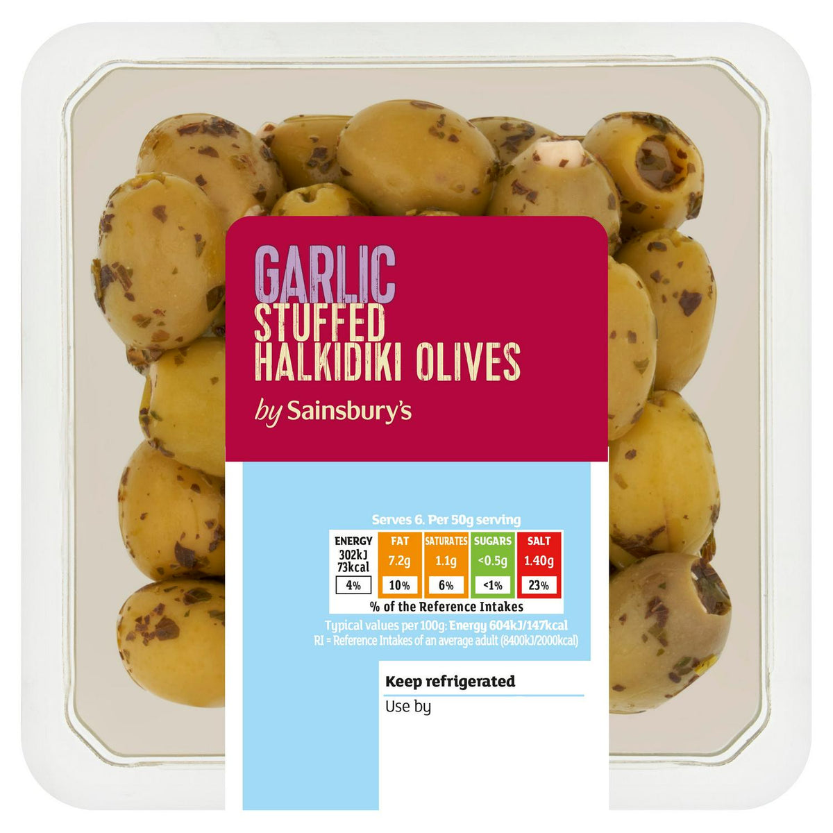 Sainsbury's garlic stuffed Halkidiki olives with parsley and oregano dressing 300g (British brand)
