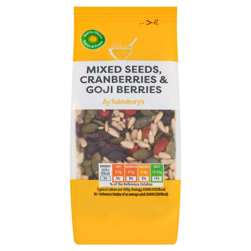 Sainsbury's mixed seeds, cranberries and goji berries 100g (British brand)