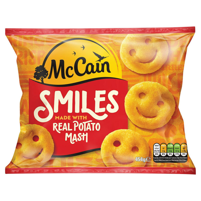 McCain Potato Smiles Frozen 454g, imported from the UK