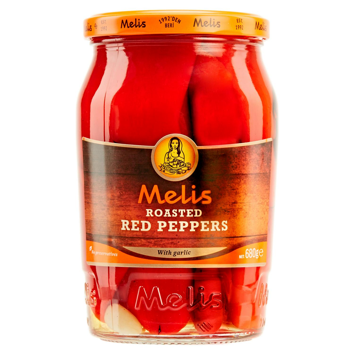 Melis roasted red peppers with garlic 680g, imported from the UK
