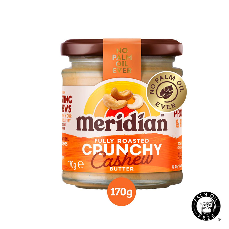 Meridian Crunchy Cashew Nut Butter 170g Glass Jar, imported from the UK