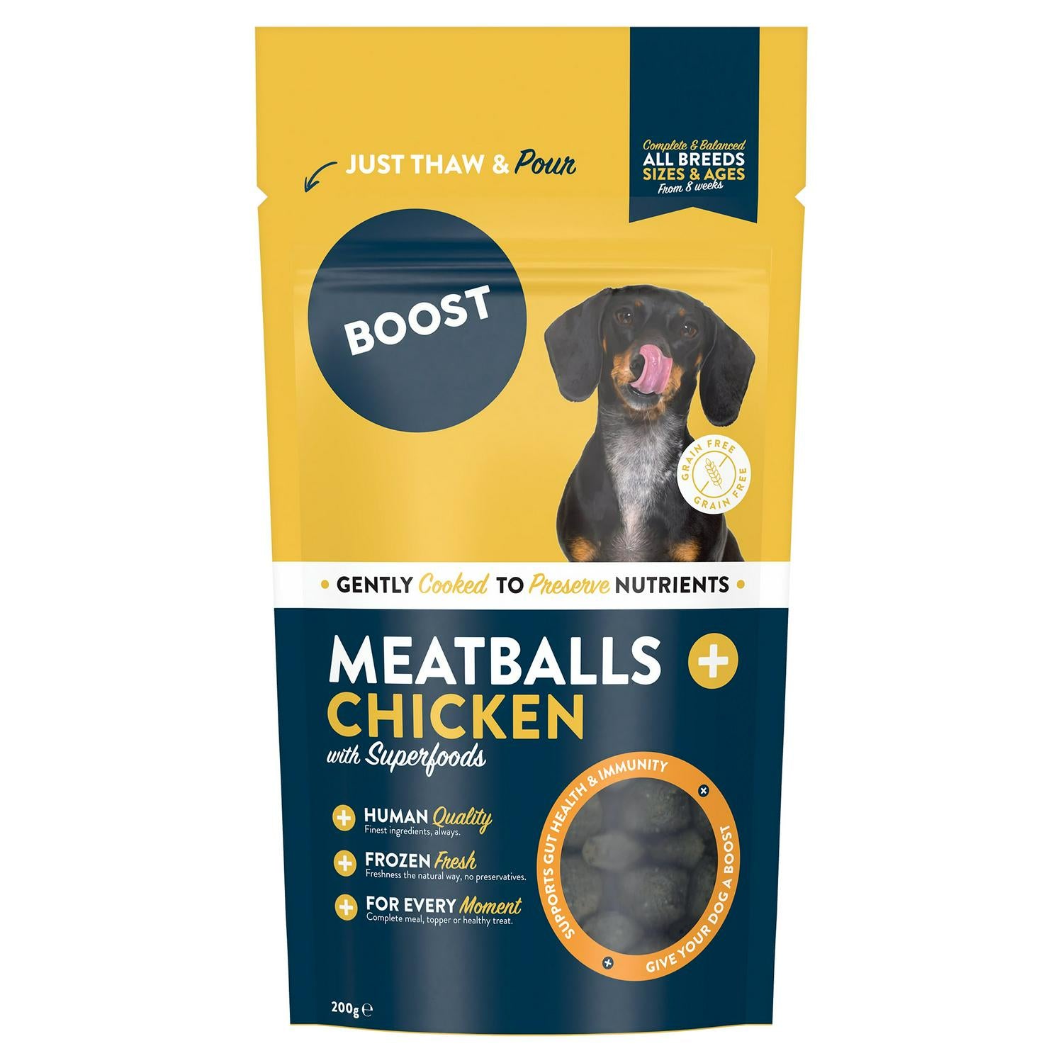 Boost Meatballs with Chicken dog food 200g pouch, imported from the UK
