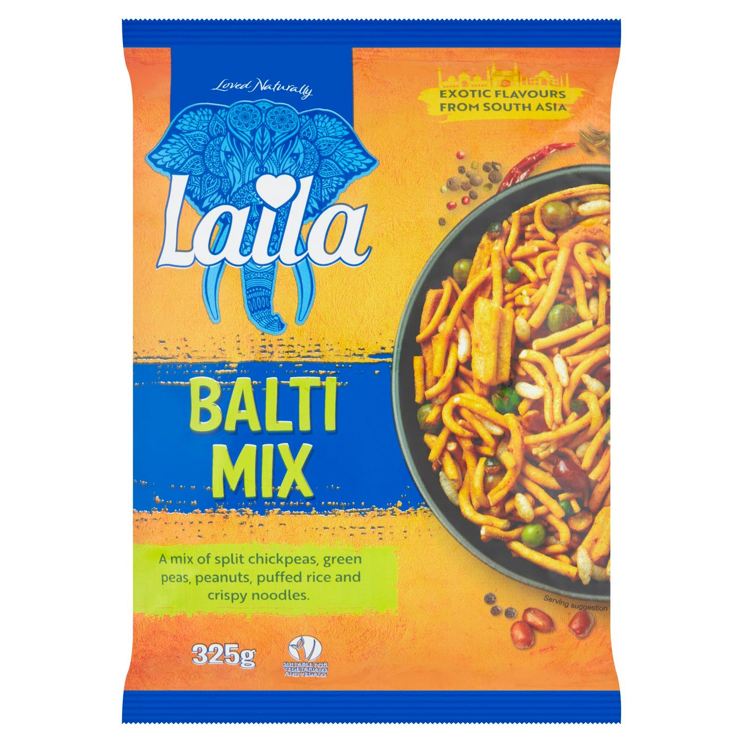 Product packaging featuring Laila Balti Mix savoury snack packet size 325g, UK version
