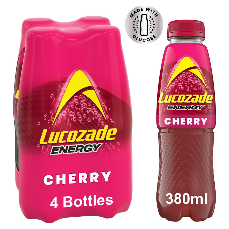 Lucozade Energy Cherry 4x380ml pack, imported from the UK