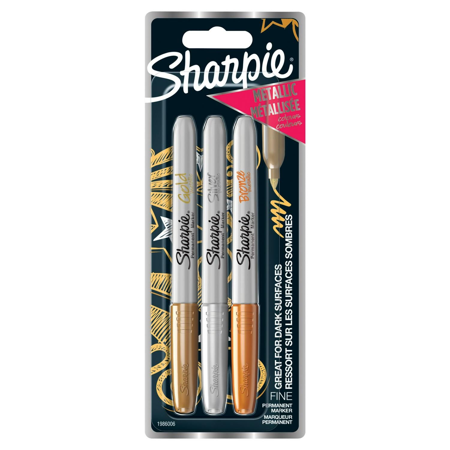 Sharpie metallic markers pack of 3 gold silver bronze (British brand)