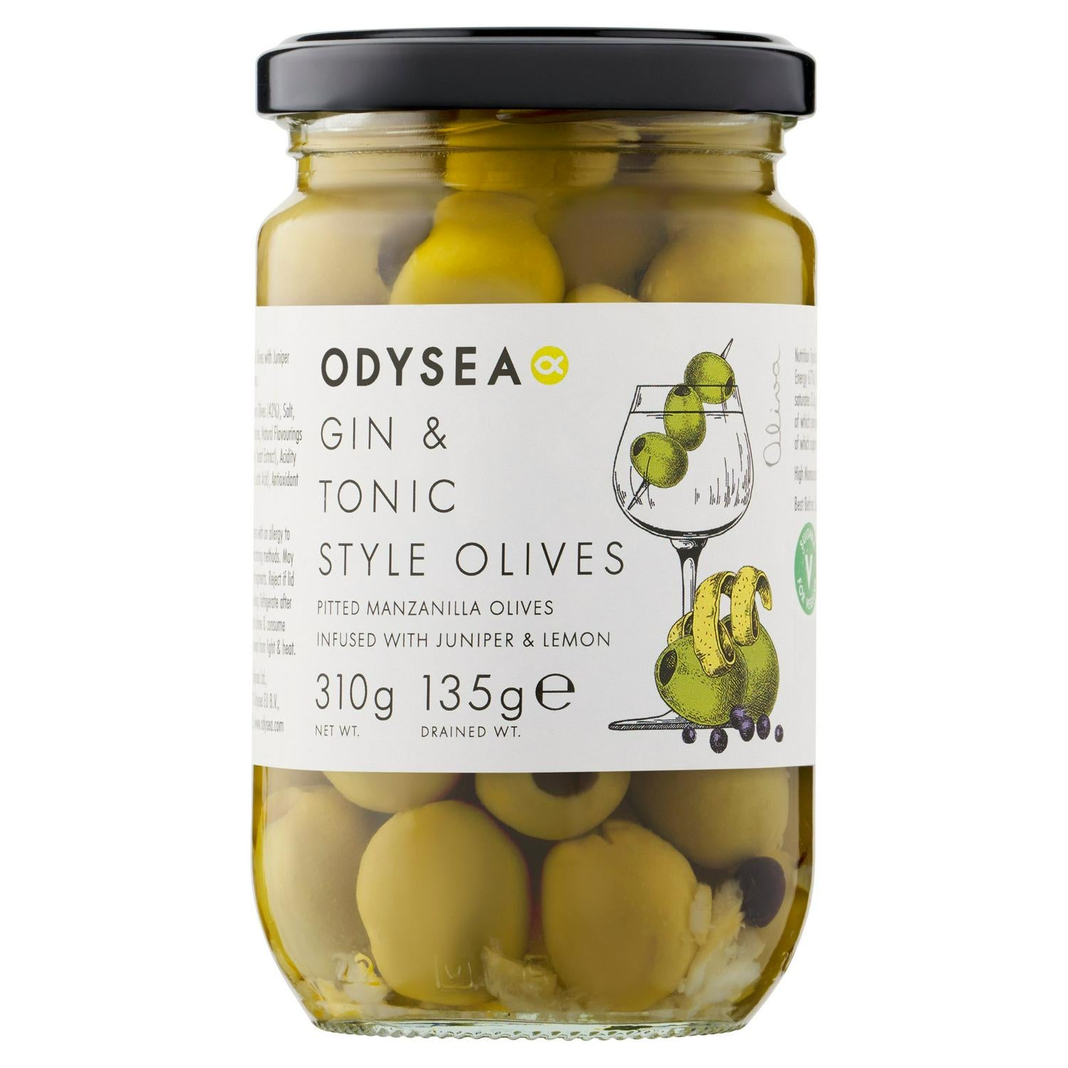 Odysea Gin Tonic Style Green Olives Pitted 310g, imported from the UK