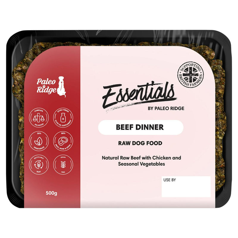 Paleo Ridge Essentials Beef Dinner Raw Dog Food 500g, imported from the UK