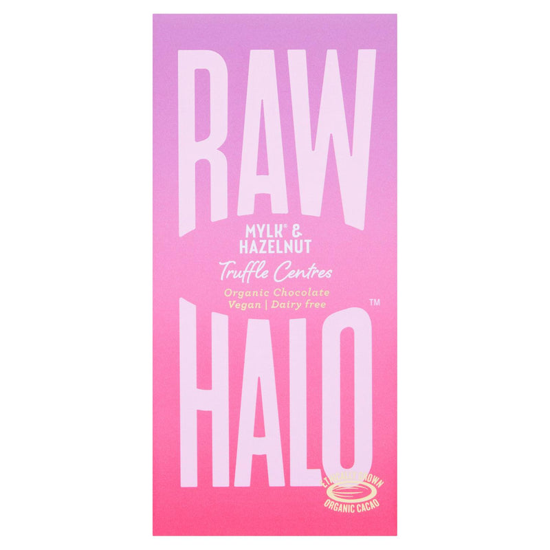 Raw Halo Mylk & Hazelnut Truffle Centre Organic Chocolate 90g, imported from the UK