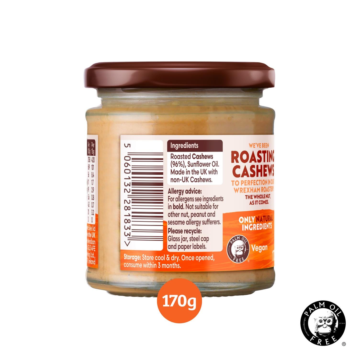 Meridian Crunchy Cashew Nut Butter 170g Glass Jar, imported from the UK