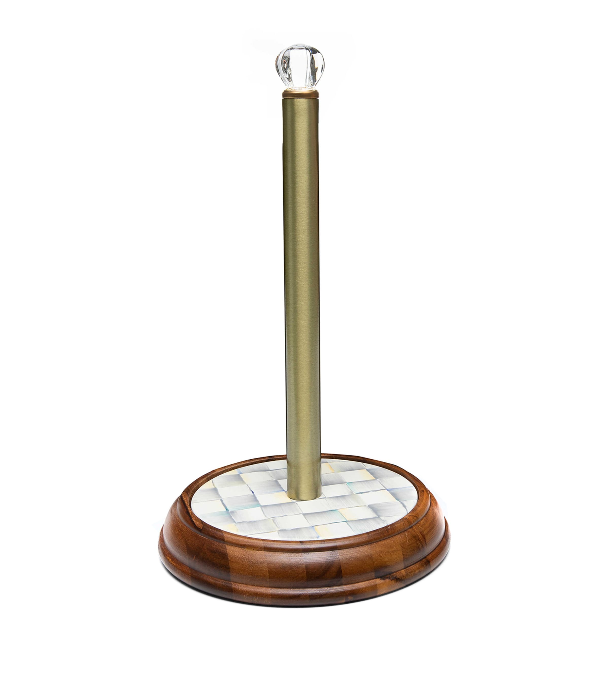 MacKenzie-Childs paper towel holder with Sterling Check pattern in hand-glazed steel, imported from the UK