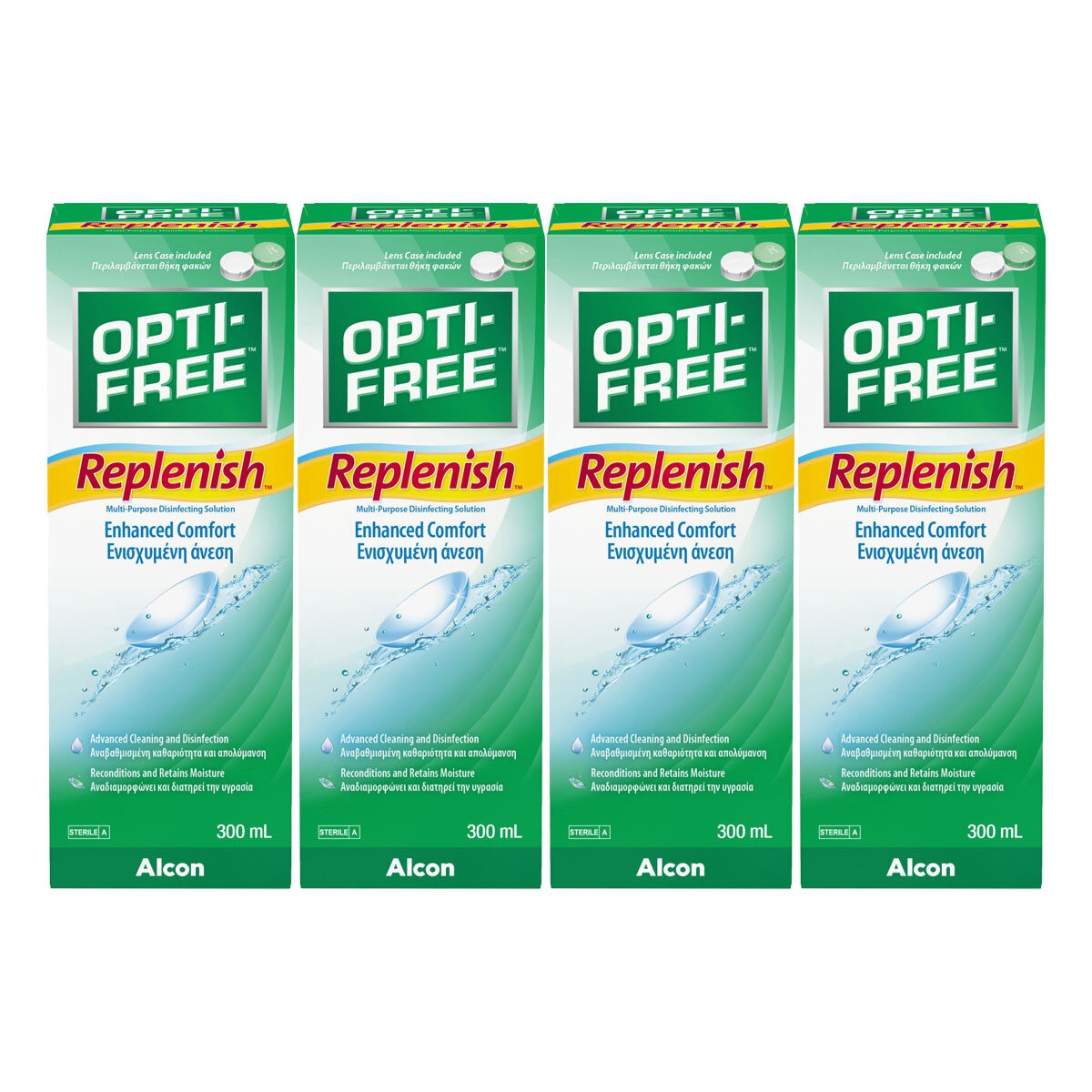 Opti-Free Replenish contact lens solution 4 x 300ml, imported from the UK