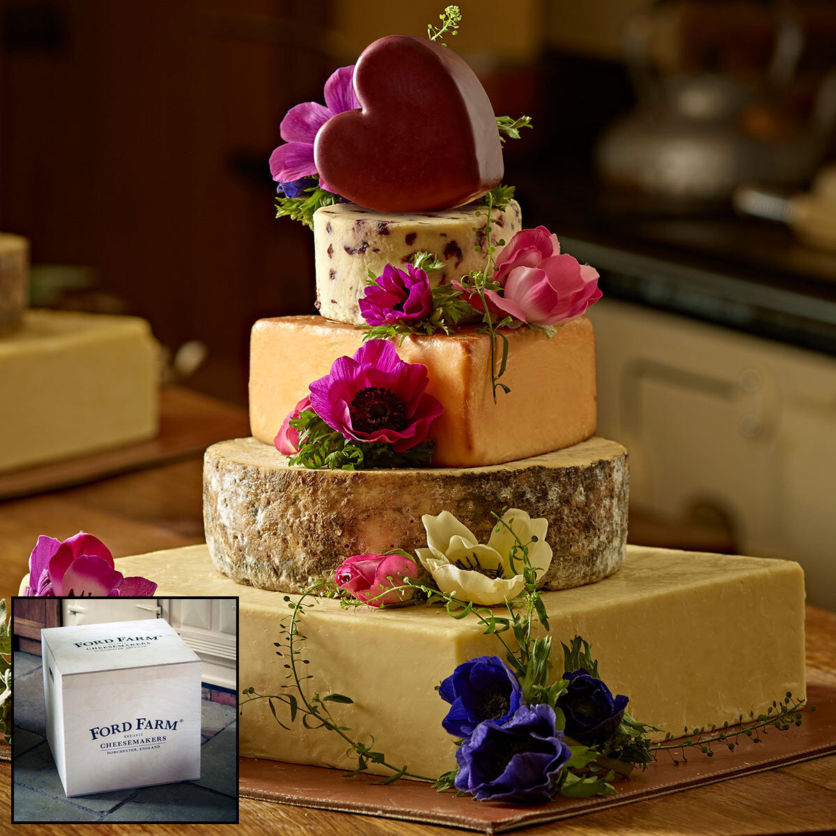 Ford Farm five-tier cheese celebration cake with assorted British cheeses, 10kg (British brand)