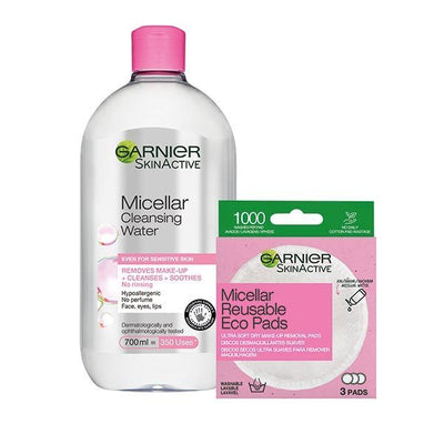 Garnier Micellar Water and Eco Pads Bundle Makeup Removal Kit 700ml