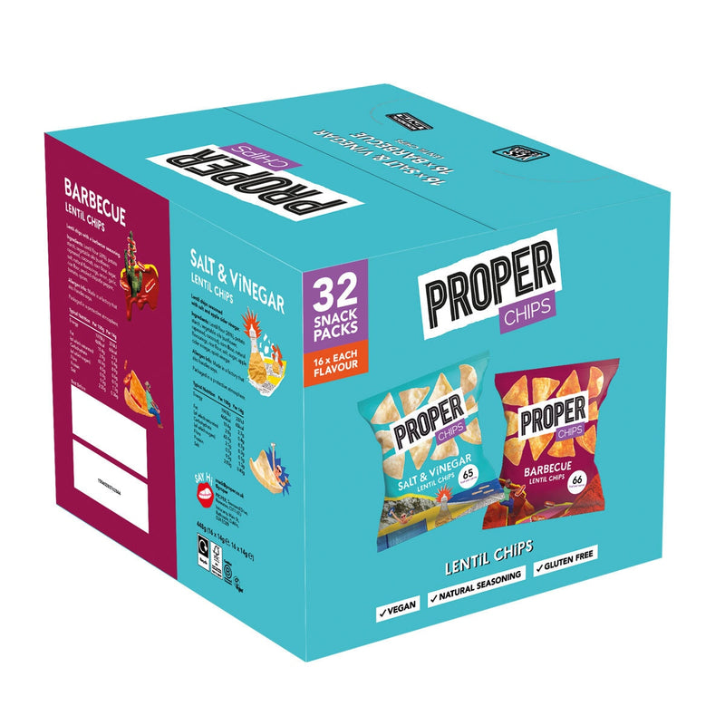 Proper Chips BBQ and Salt & Vinegar crisps 32x14g, imported from the UK