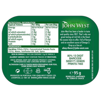 John West Grätenfreie Sardinen in Tomatensauce 12 x 95g Multipack