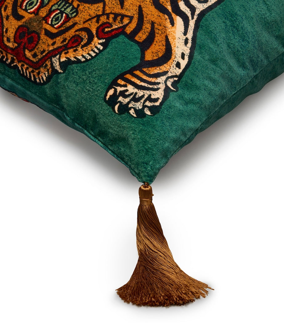 Medium Velvet Tassel Cushion with Tiger Motif 45cm x 45cm