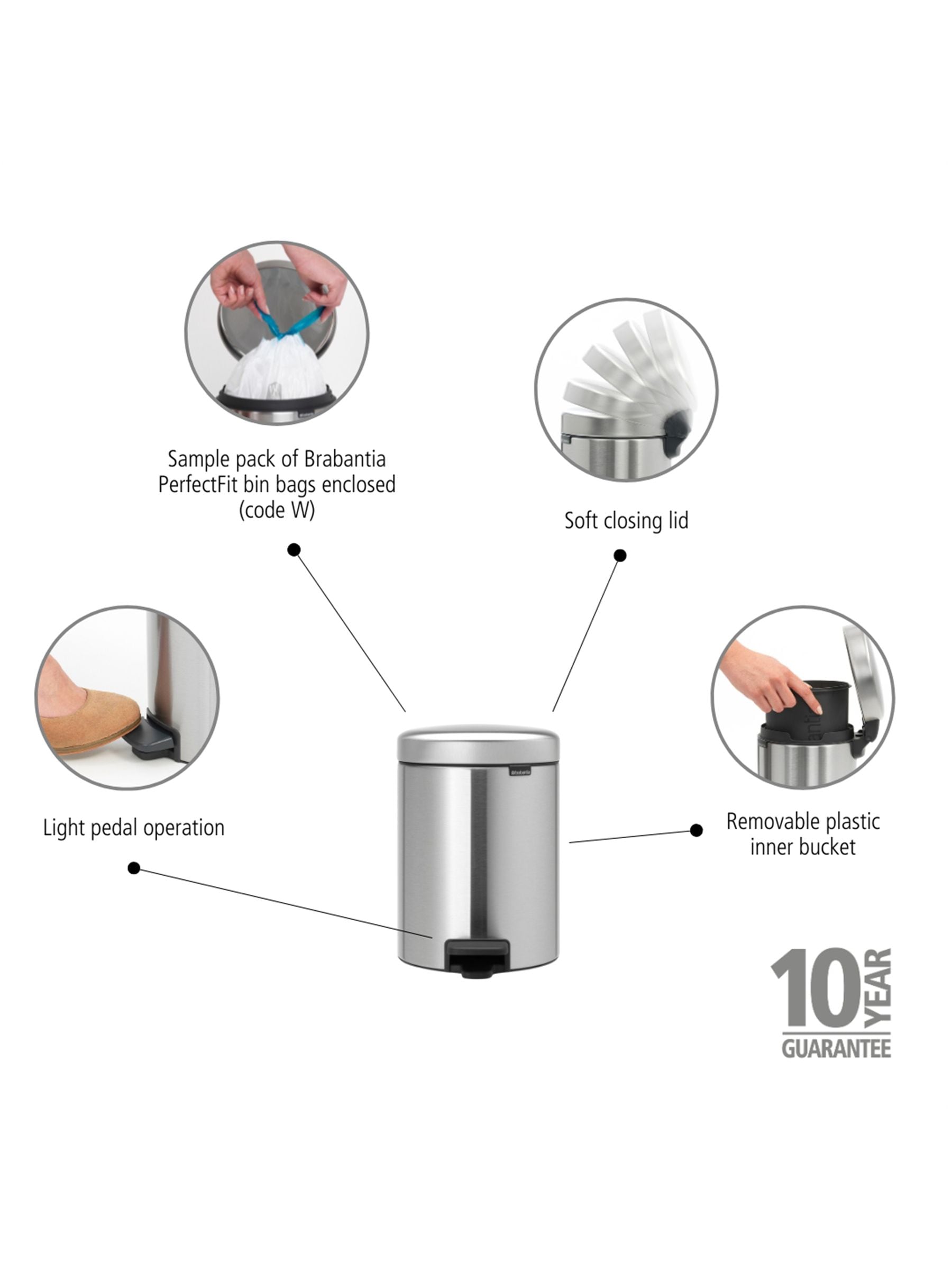 Brabantia Matt Steel Fingerprint Proof NewIcon pedal bin 5L - British product