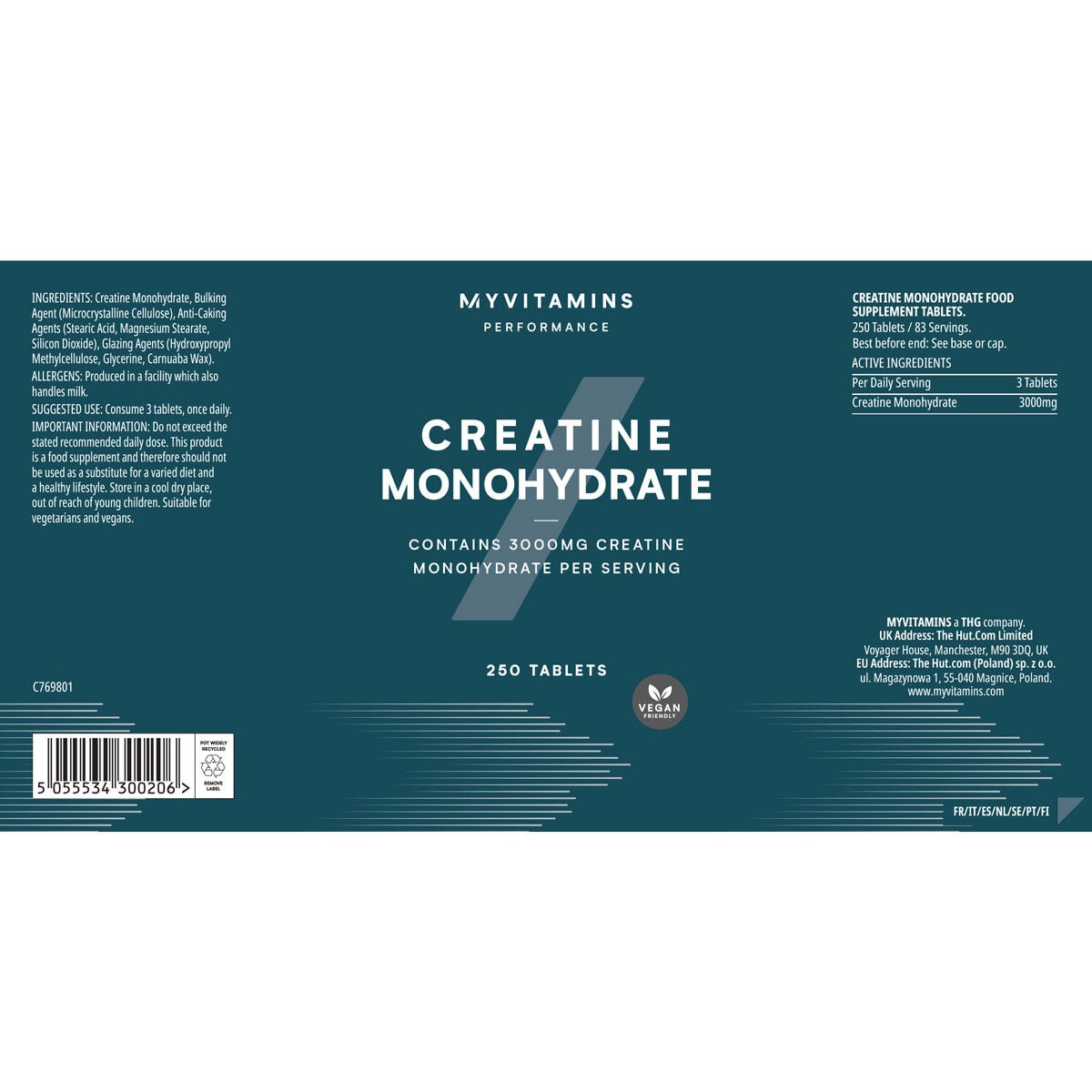 MyVitamins creatine monohydrate supplement 250 tablets, imported from the UK