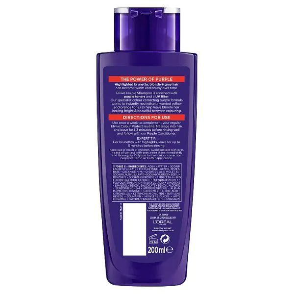 L'Oréal Paris Elvive purple shampoo 200ml bottle for hair , UK version