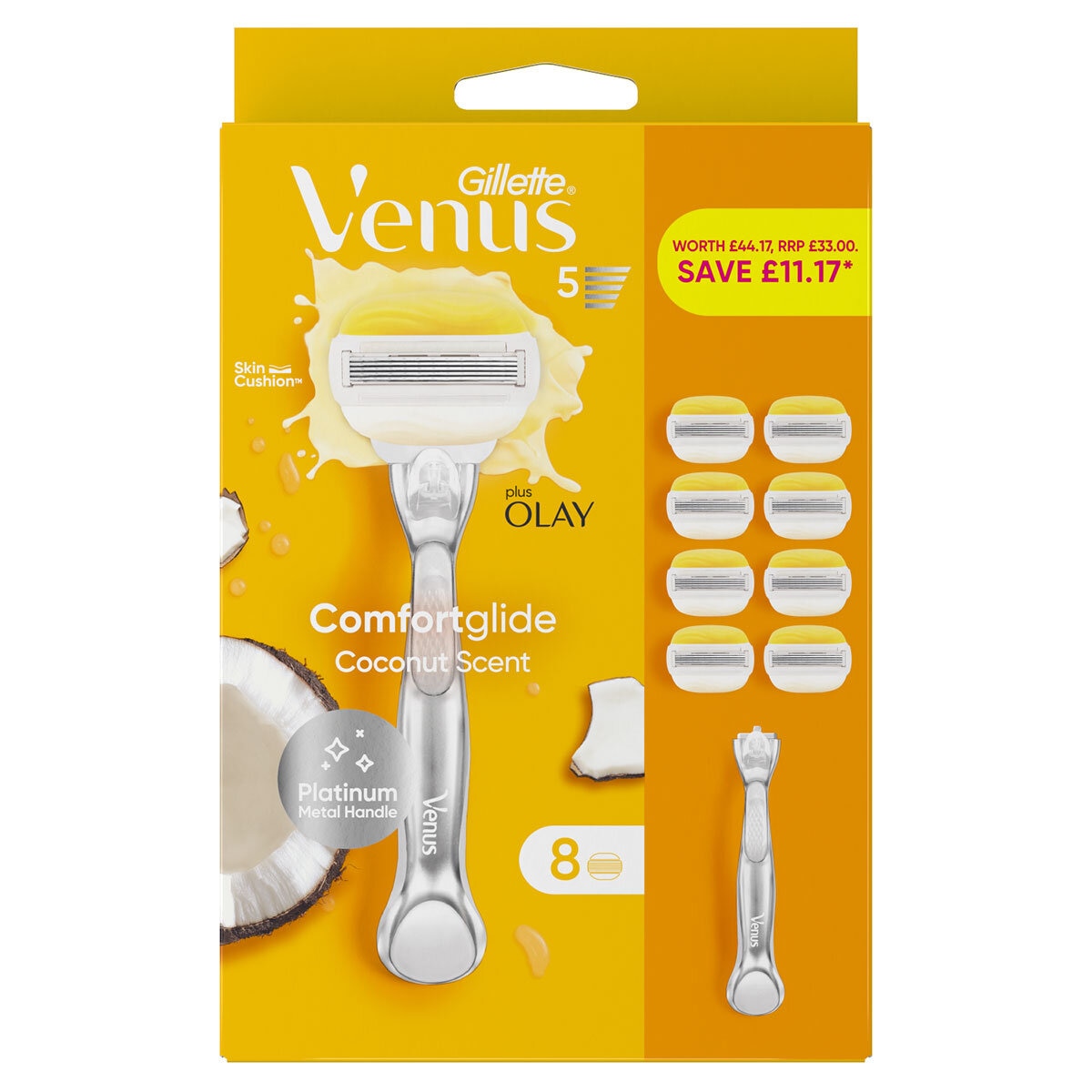 Gillette Venus Comfortglide razor with Olay bars and metal handle - British product