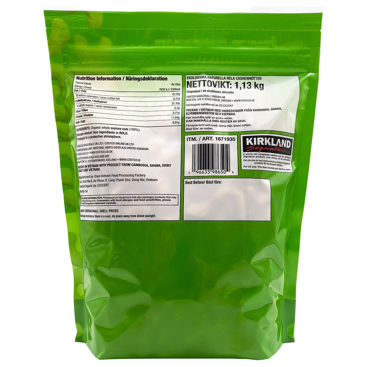Kirkland Signature organic whole unsalted cashews 1.13kg, UK version