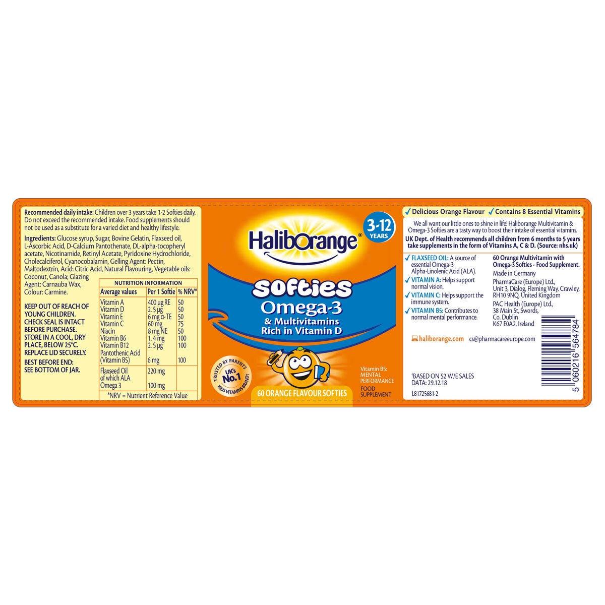 HalibOrange Omega-3 orange flavour multivitamin softies 3 x 60 count, UK version