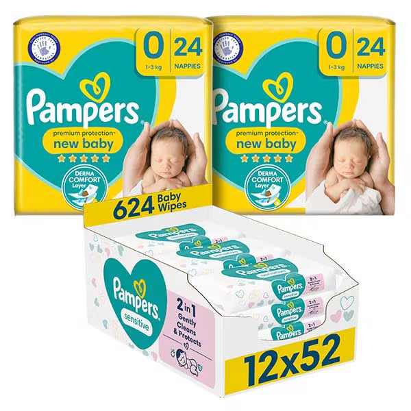 Pampers New Born Nappy Size 0 &amp; Sensitive Wipes Bundle