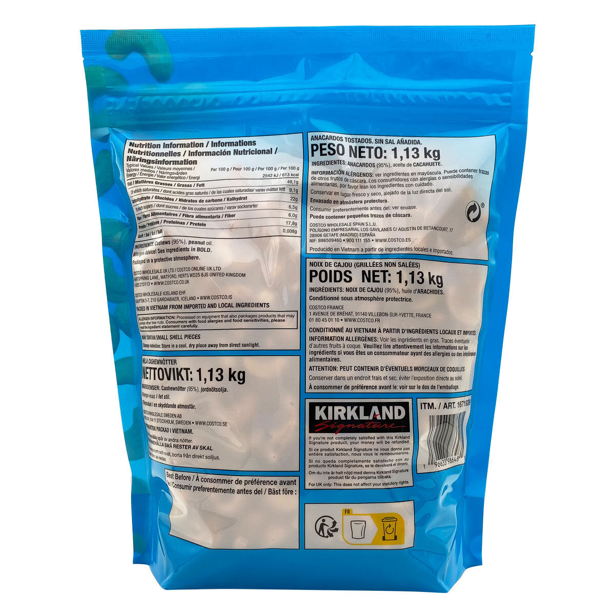 Kirkland Signature unsalted roasted cashews 1.13kg, UK version