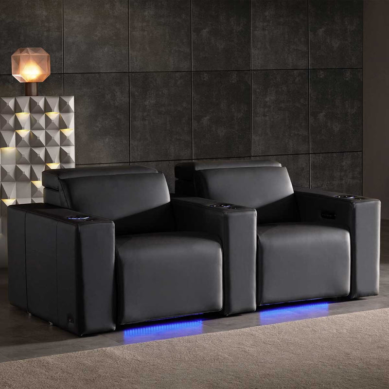 Valencia black leather power reclining home theatre seating row of 2 (British brand)