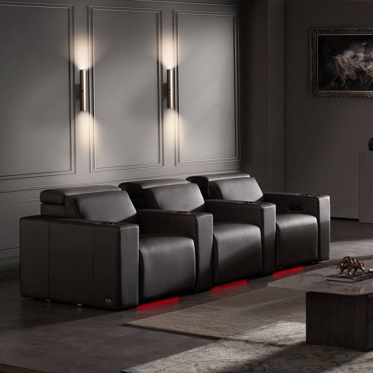 Valencia Barcelona black leather power recliner row of 3 (British brand)
