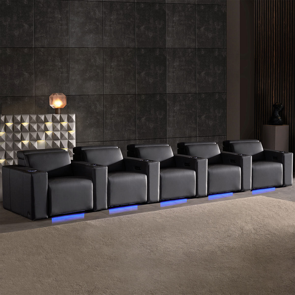 Valencia Barcelona black leather power reclining home theatre seating row of 5 (British brand)