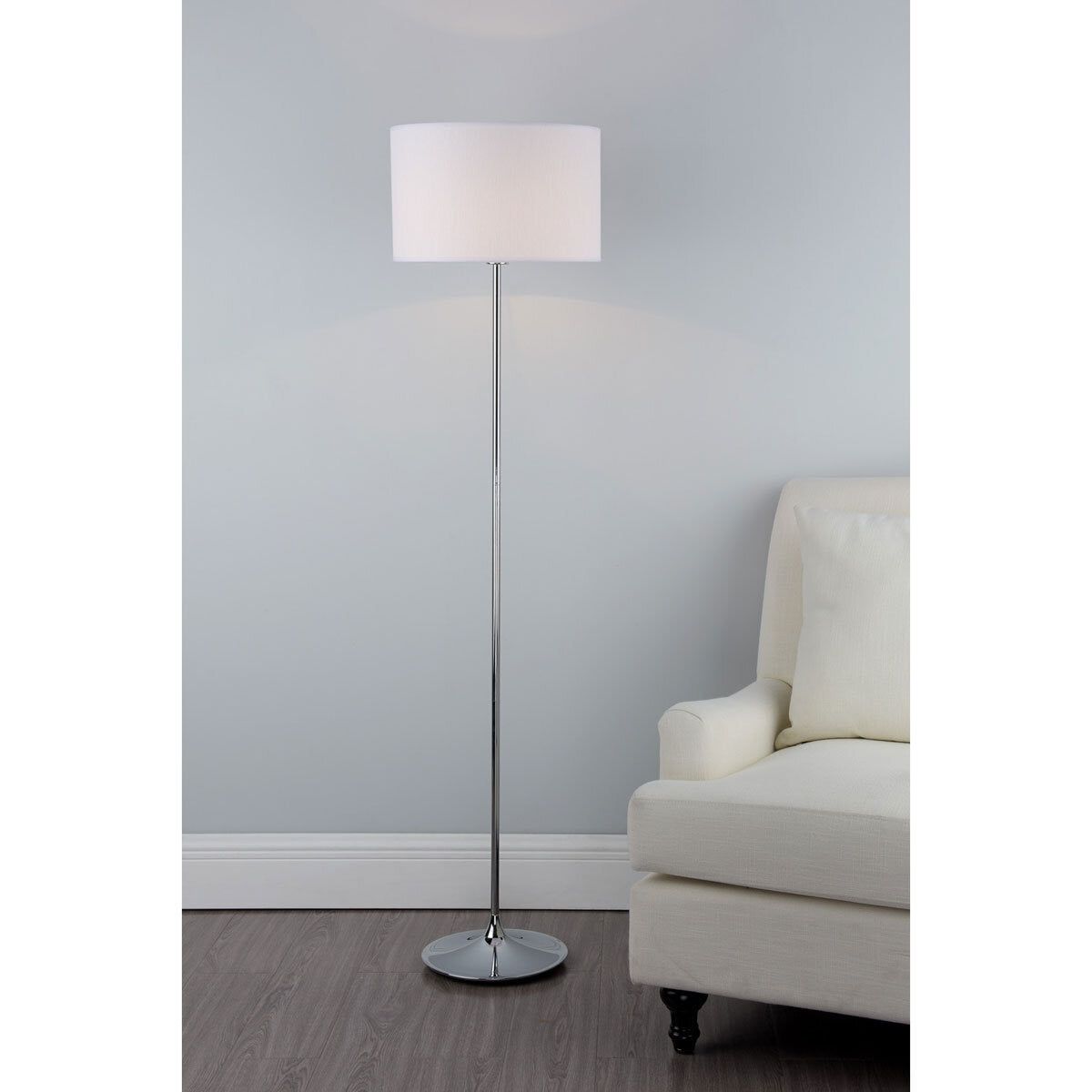Polished chrome floor lamp with ivory shade - British product