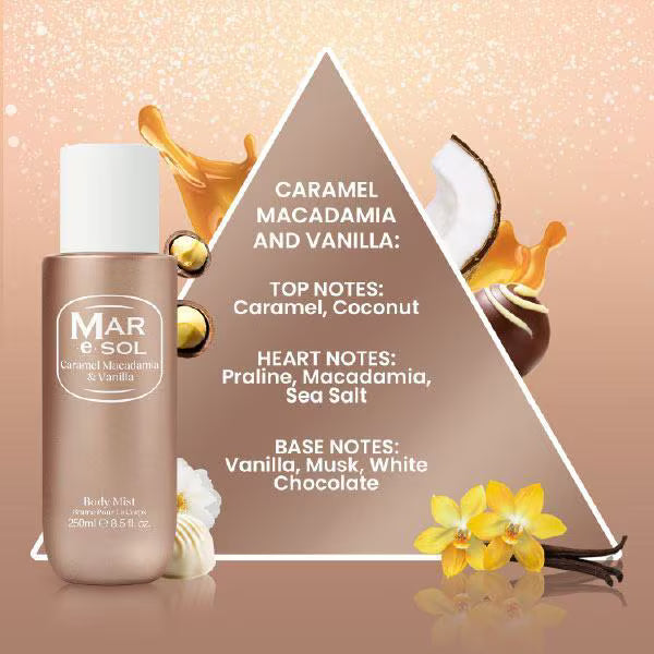 Mar E Sol Caramel Macadamia Body Mist 250ml, imported from the UK