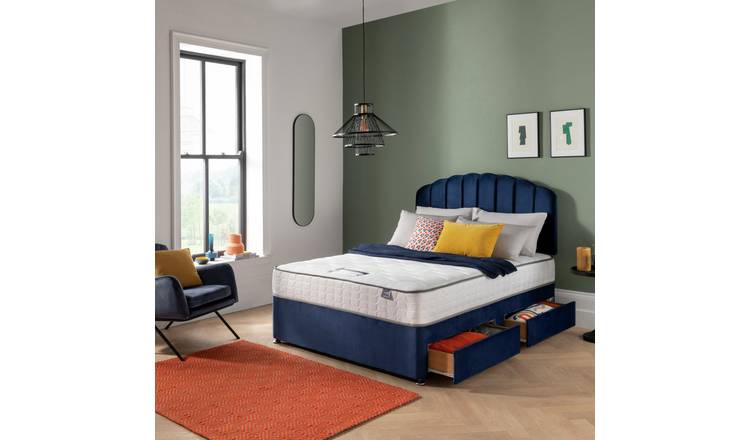 Silentnight double divan bed with mattress and headboard in blue (British brand)