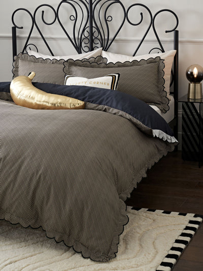 Rockett St George Black Pencil Stripe Scalloped 100% Cotton Duvet Cover and Pillowcase Set