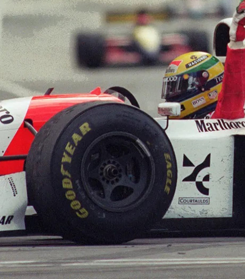 Leipzig Galleries Ayrton Senna race-used wheel nut and autograph framed display 69x99x12cm, UK version